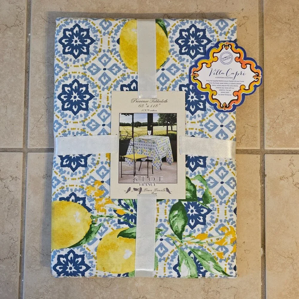 RARE NEW STOF FRANCE LEMON BLUE WHITE MEDITERRANEAN 63x118 COTTON TABLECLOTH